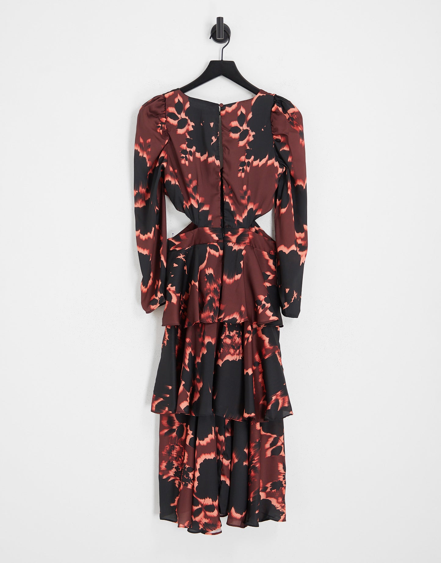 Topshop cut out waist floral print tiered occasion midi dress in burgundy