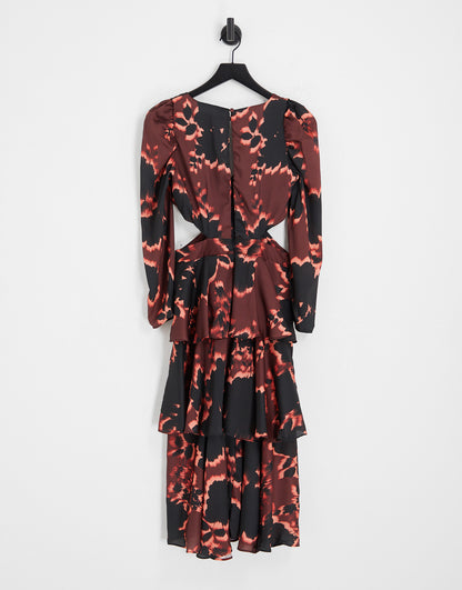 Topshop cut out waist floral print tiered occasion midi dress in burgundy