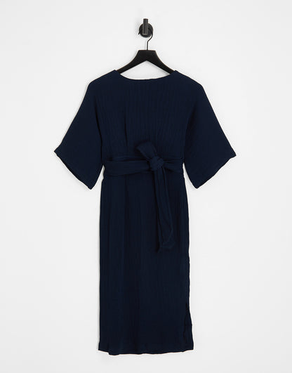 Closet London ribbed pencil dress with tie belt in navy