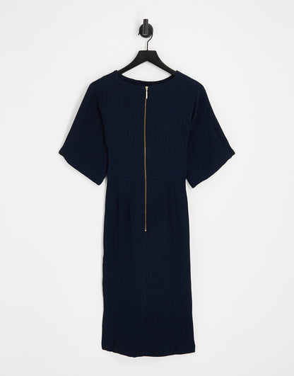 Closet London ribbed pencil dress with tie belt in navy