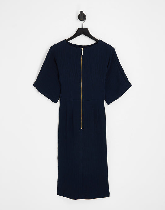 Closet London ribbed pencil dress with tie belt in navy