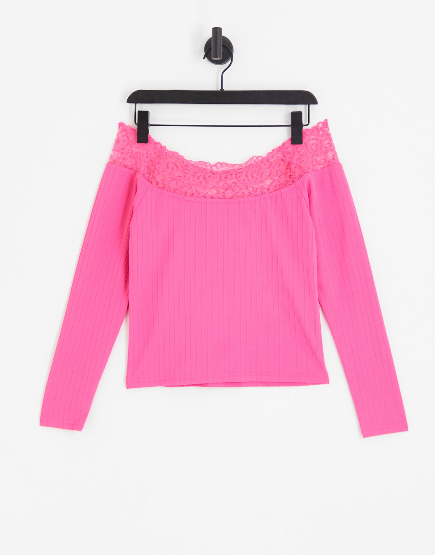 Pieces off shoulder lace detail top in bright pink