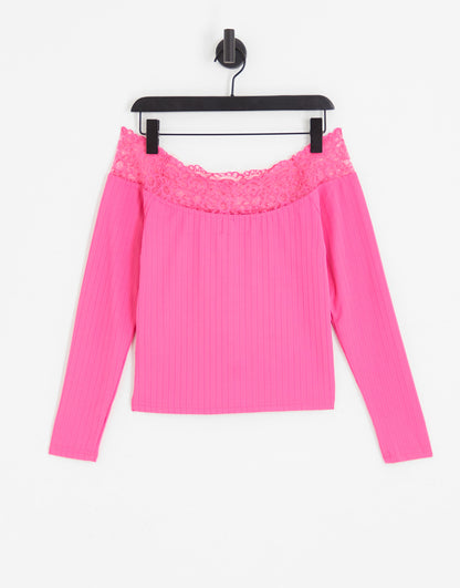 Pieces off shoulder lace detail top in bright pink