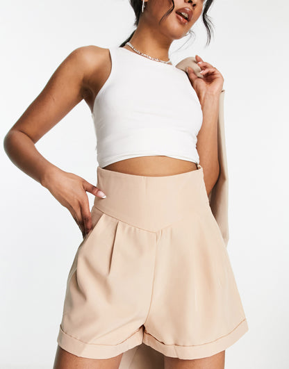 Rebellious Fashion tailored high waisted shorts in stone