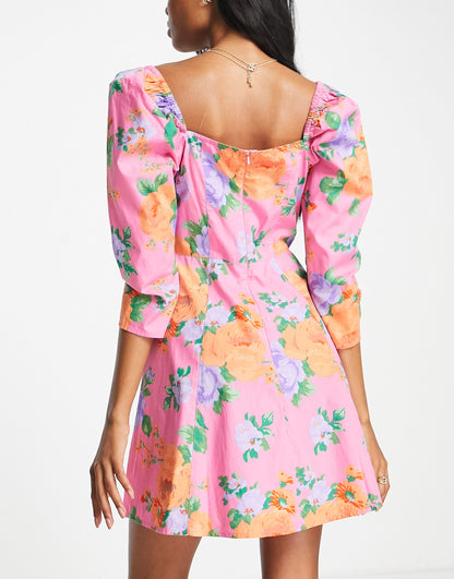 Miss Selfridge poplin puff sleeve mini tea dress in oversized floral