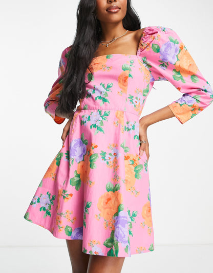 Miss Selfridge poplin puff sleeve mini tea dress in oversized floral