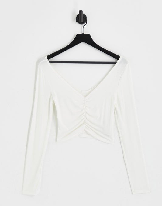 ASOS DESIGN ruched v front and back crop top in white