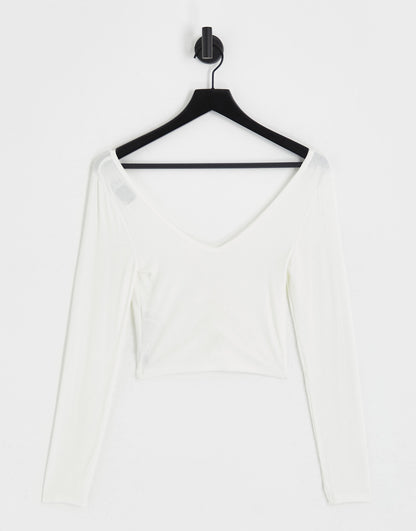 ASOS DESIGN ruched v front and back crop top in white