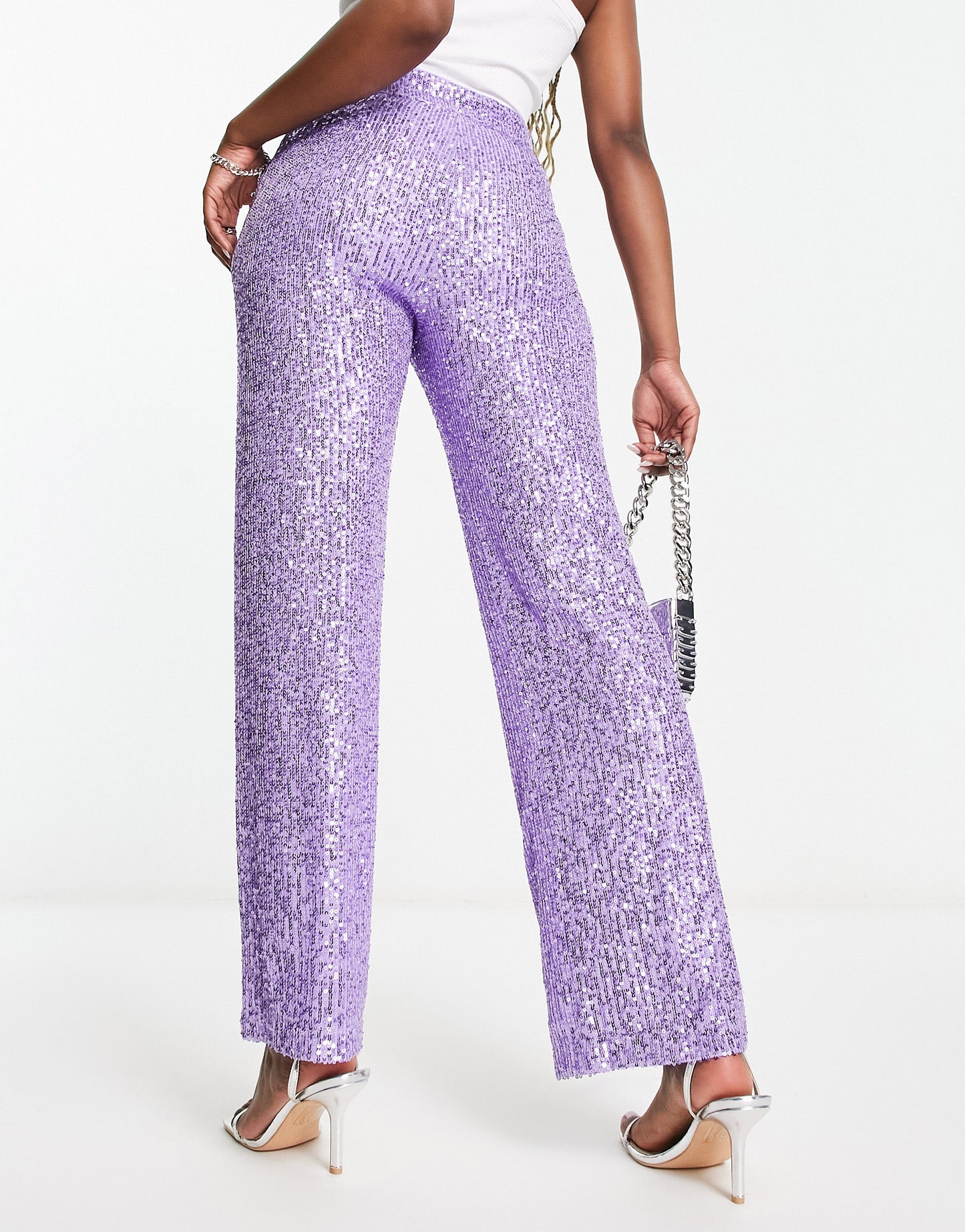 ASOS DESIGN straight sequin ankle grazer trousers in purple