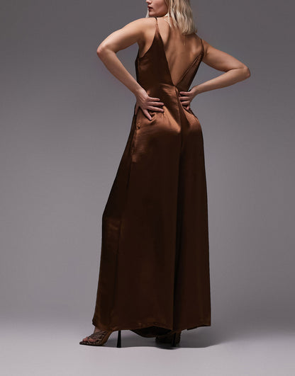 Topshop strappy satin  wide leg jumpsuit in chocolate