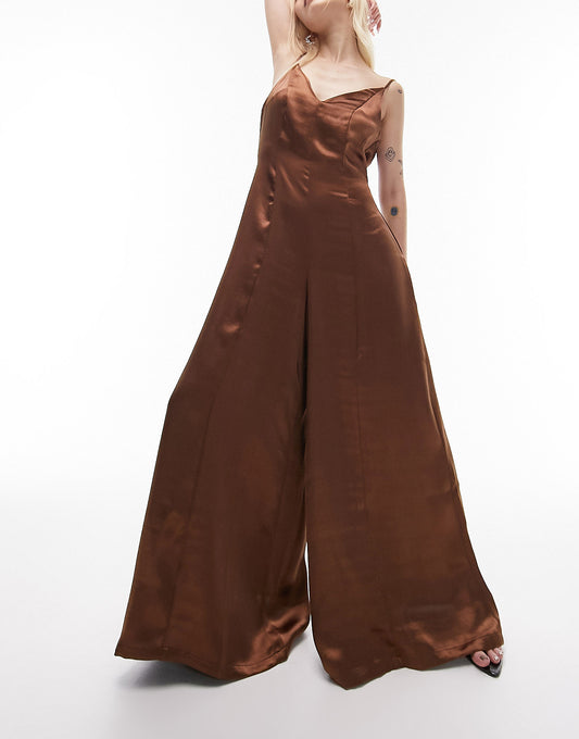 Topshop Petite strappy satin  wide leg jumpsuit in chocolate