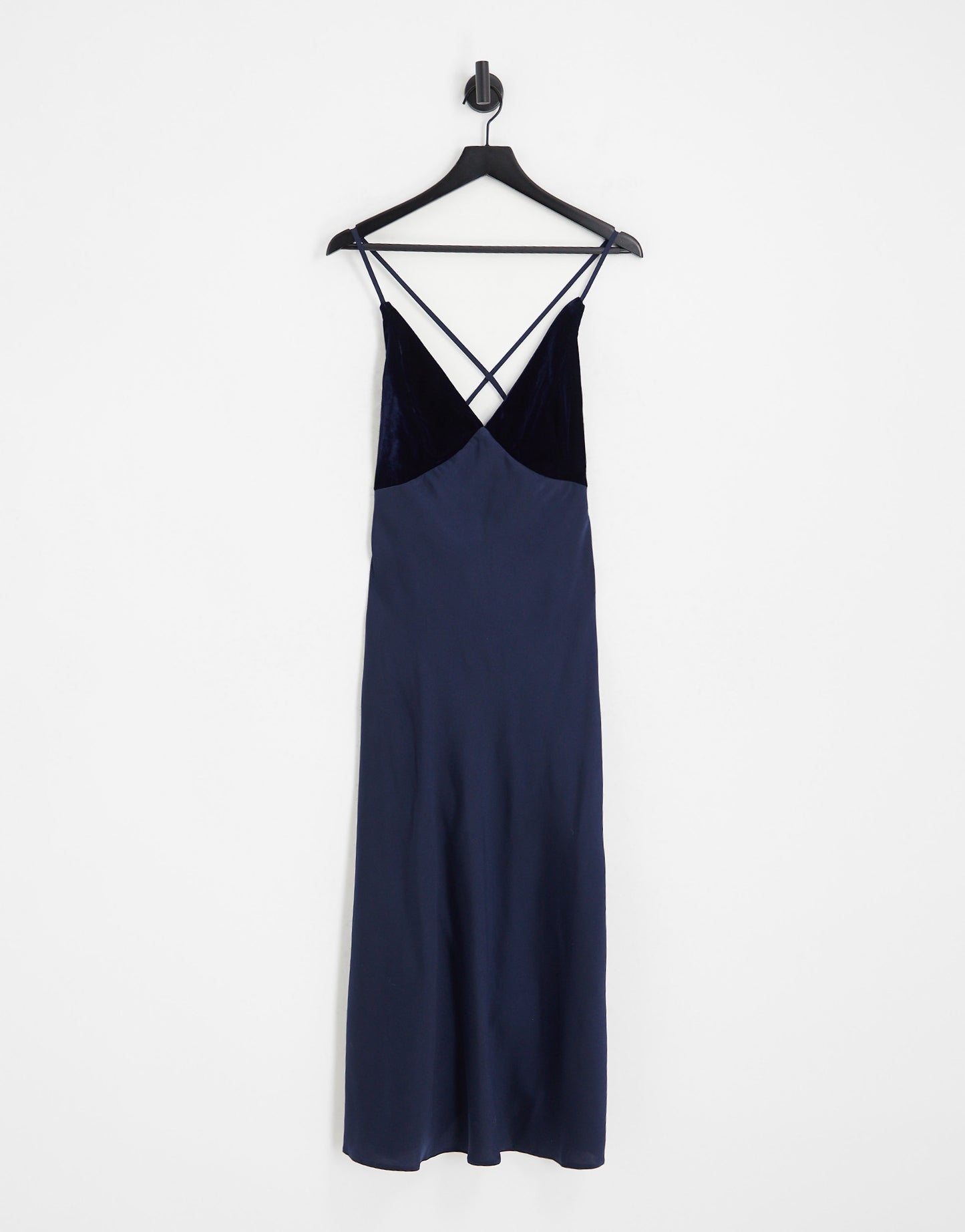 ASOS DESIGN Tall satin midi slip dress with velvet bodice detail in Navy