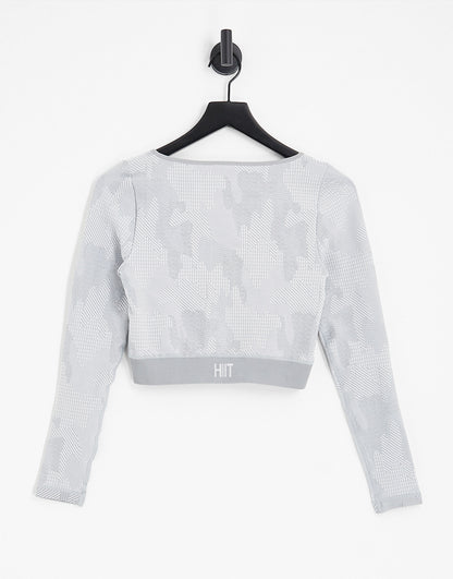 HIIT seamless crop top with notch neck in textured camo in grey