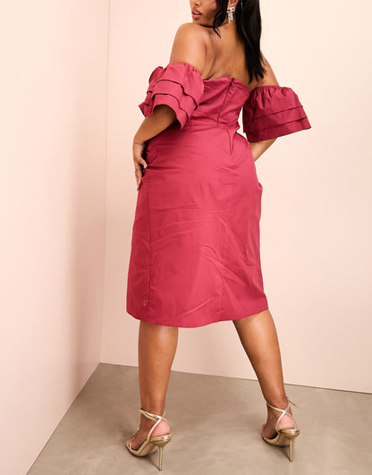 ASOS LUXE Curve bardot corsage sleeve poplin midi dress in oxblood