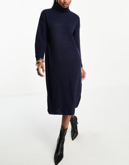 Brave Soul Emma roll neck knitted maxi dress in navy