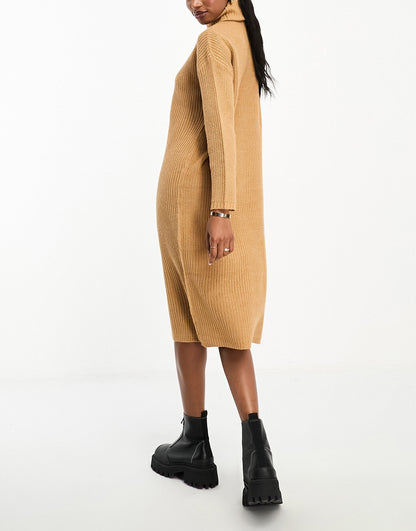 Brave Soul Emma roll neck knitted maxi dress in camel