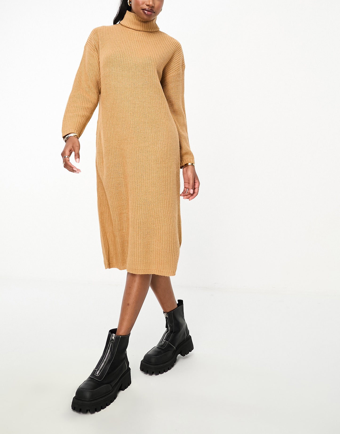 Brave Soul Emma roll neck knitted maxi dress in camel