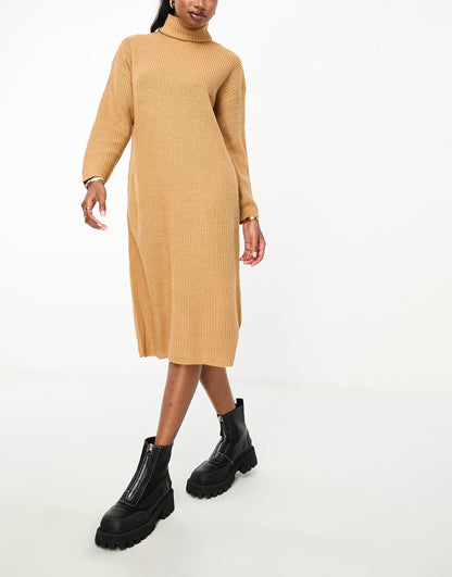 Brave Soul Emma roll neck knitted maxi dress in camel