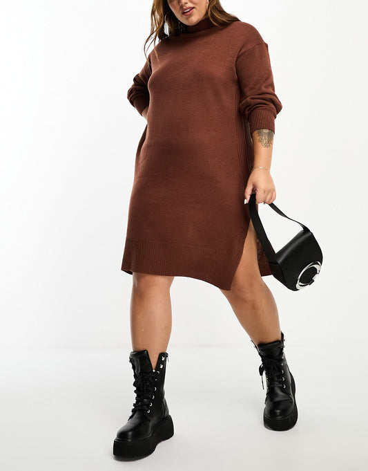 Brave Soul Plus Olivia roll neck knitted midi dress in choclate brown