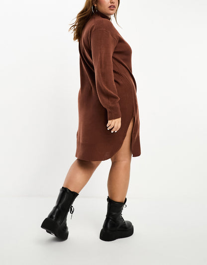 Brave Soul Plus Olivia roll neck knitted midi dress in choclate brown