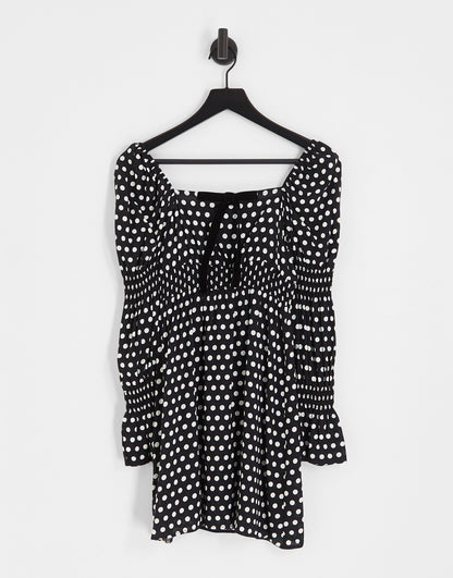 Miss Selfridge shirred waist bow detail mini dress in polka dot