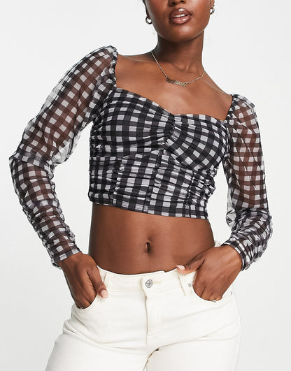 Gilli ruched puff sleeve crop top in black check