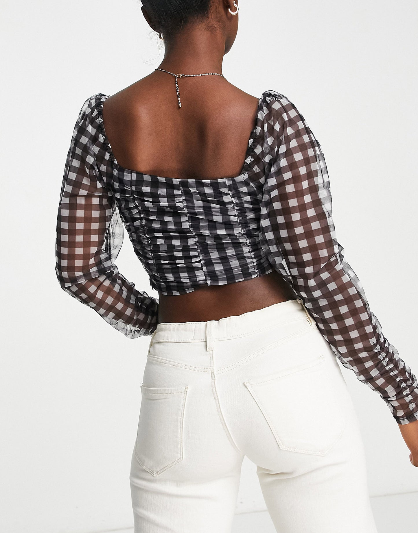 Gilli ruched puff sleeve crop top in black check