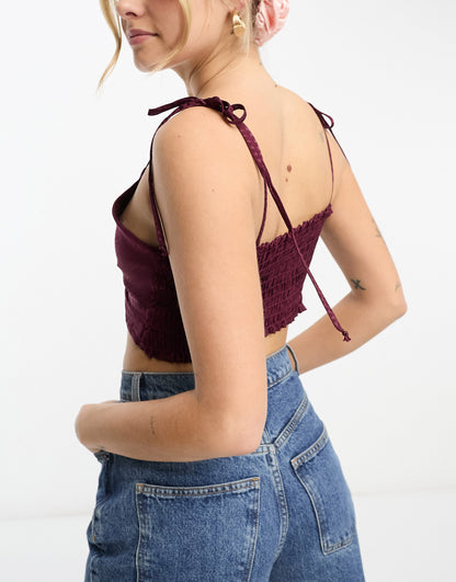 Gilli tie front strappy crop top in burgundy