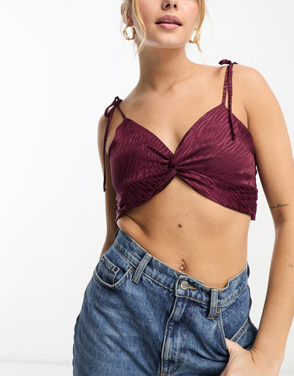 Gilli tie front strappy crop top in burgundy