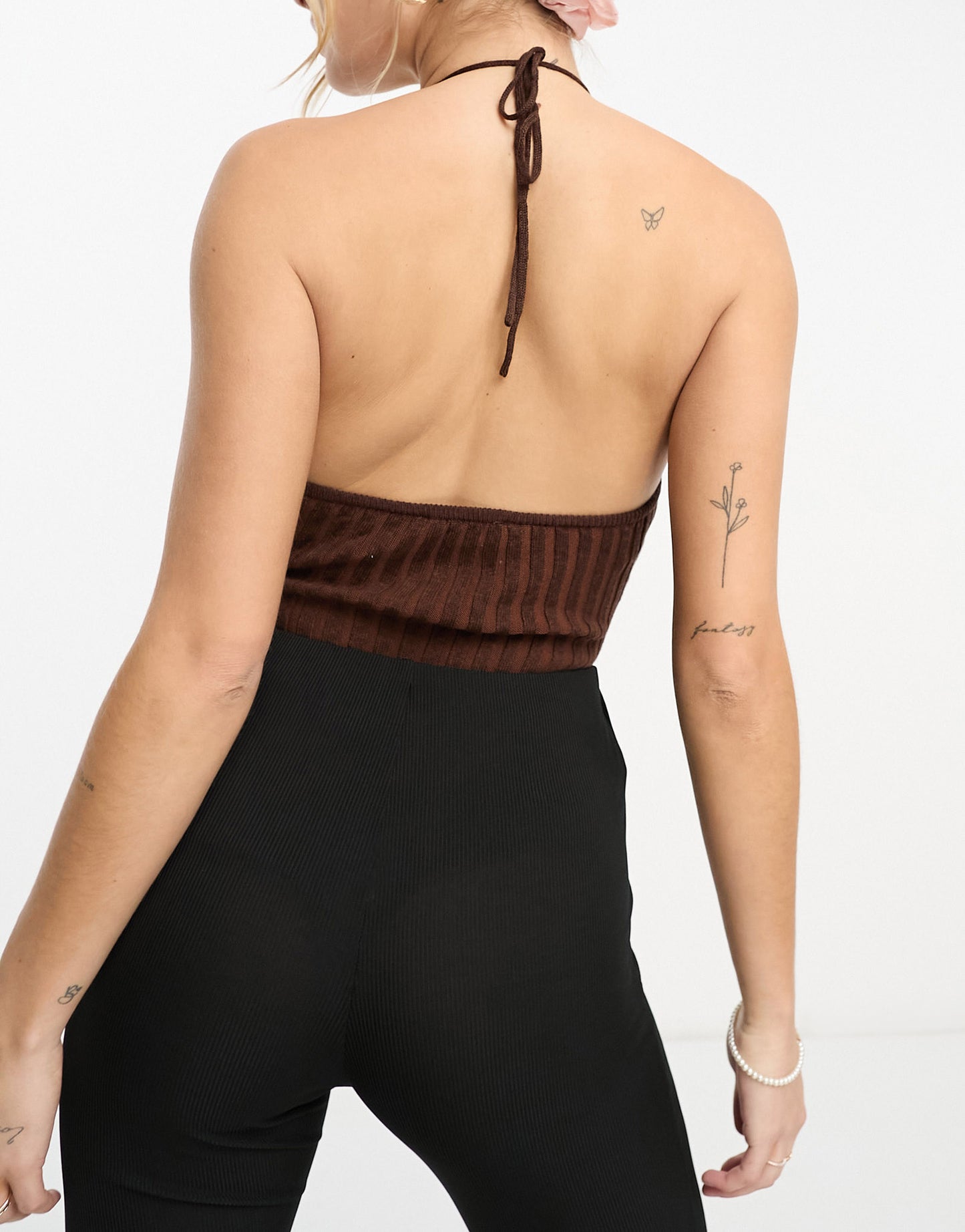 Gilli tie halter neck bodysuit in chocolate brown