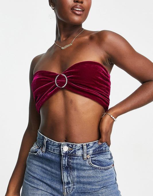 Gilli velvet bandeau crop top in burgundy