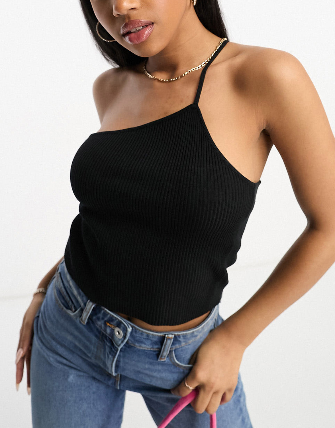 Gilli one shoulder strappy top in black