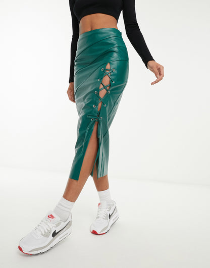 ASOS DESIGN faux leather midi skirt with lattice tie detail in bottle green