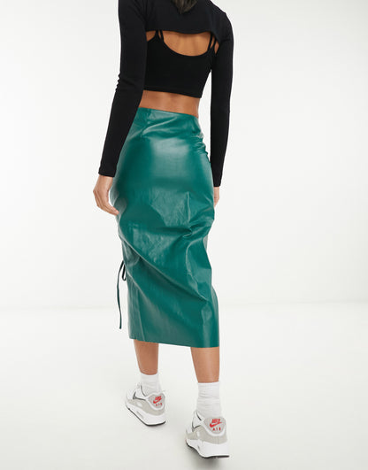 ASOS DESIGN faux leather midi skirt with lattice tie detail in bottle green