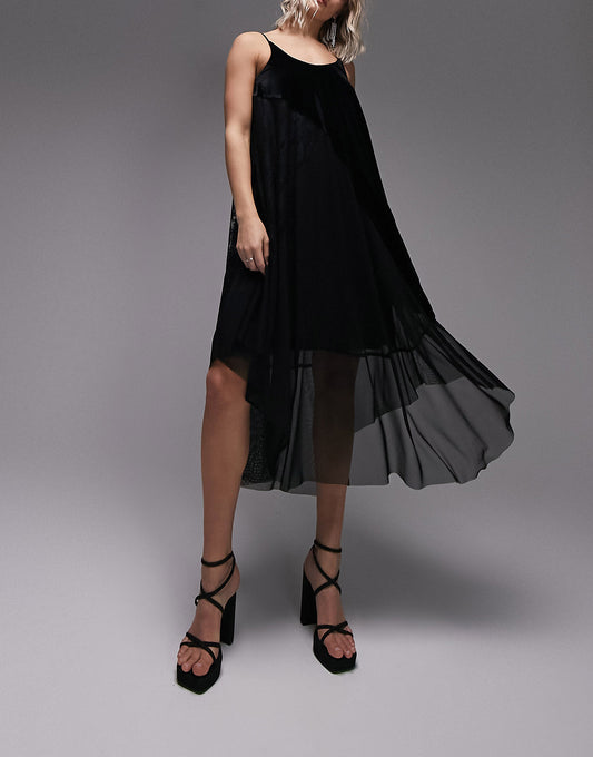 Topshop mix and match lace velvet strappy belted midi dress in black