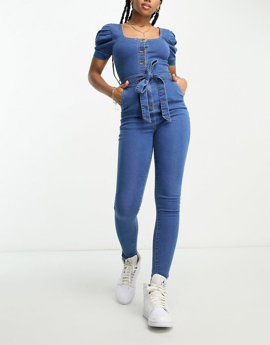 Parisian belted denim jumpsuit in mid wash blue