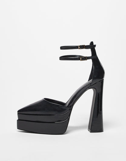 Simmi London Wide Fit double platform heels with pointed toe in black patent