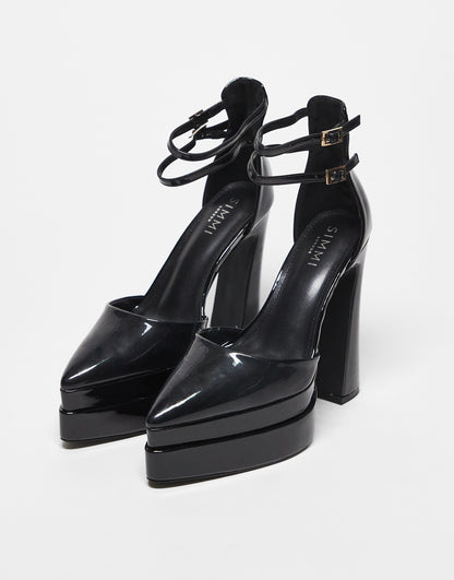 Simmi London Wide Fit double platform heels with pointed toe in black patent