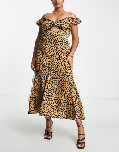 Never Fully Dressed Plus frill sleeve cut-out maxi dress in leopard