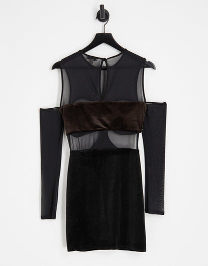 Topshop crushed velvet bralet mesh midi dress in black