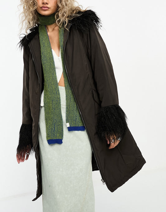 COLLUSION nylon longline fur trim coat in brown with black faux fur