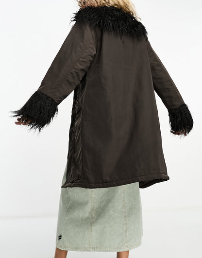 COLLUSION nylon longline fur trim coat in brown with black faux fur