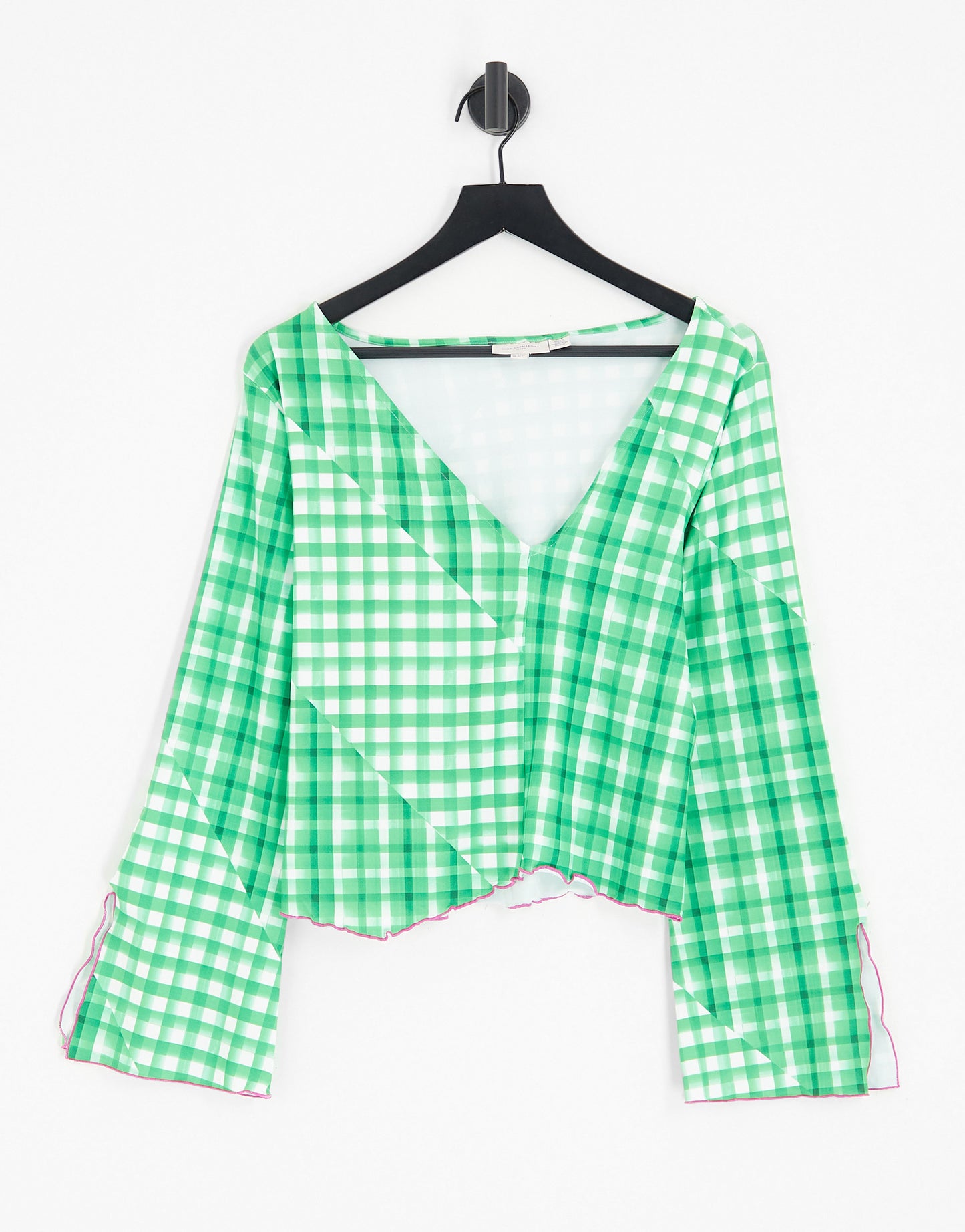 Only Curve exclusive asymmetric cropped top co-ord with flared sleeves in green gingham