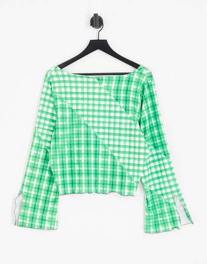 Only Curve exclusive asymmetric cropped top co-ord with flared sleeves in green gingham