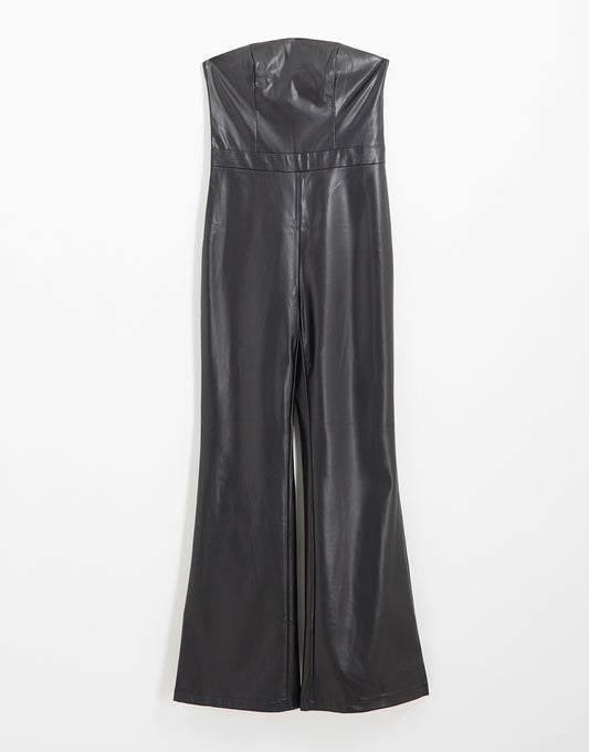 Aria Cove leather look bandeau flared jumpsuit in black