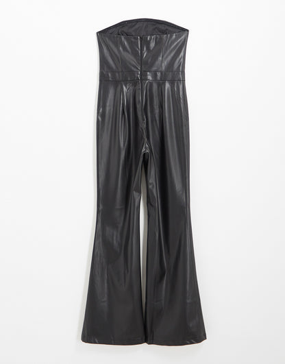 Aria Cove leather look bandeau flared jumpsuit in black