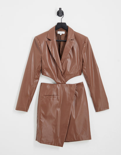 Aria Cove leather look cut out blazer dress with asymmetric hem detail in chocolate