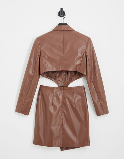 Aria Cove leather look cut out blazer dress with asymmetric hem detail in chocolate