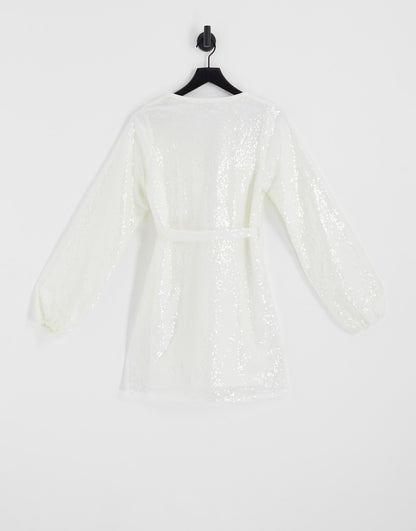 In The Style Tall exclusive sequin wrap detail mini dress in winter white