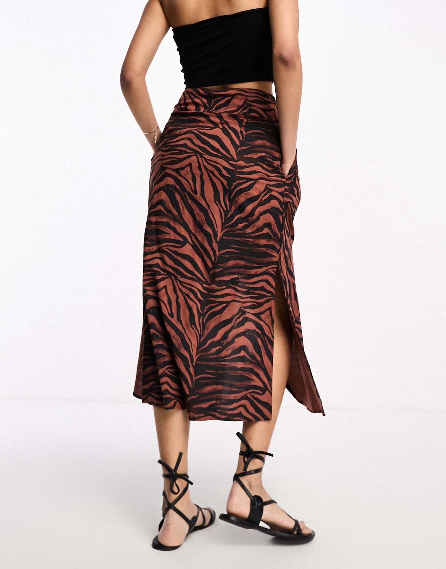 ASOS DESIGN button through midi skirt with split in dark zebra print